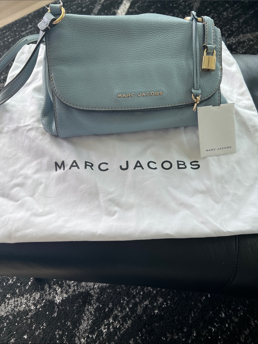 Marc Jacobs Dusty Blue Pebbled Leather Crossbody Bag with Gold Hardware